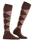 Burlington dameskniekous Marylebone 22373 in paars en grijs, met lila ruiten, roze stiksels en metalen logo. - Jambelles