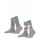 Burlington E.day Mix damessokken 2-pack in marineblauw, met effen sok en rood-lichtblauw ruitdessin en logoknoopjes - Jambelles