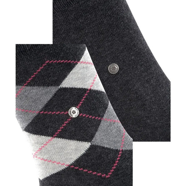 Burlington E.day Mix dames sokken 2-pack in donkergrijs: één effen en één met grijs-wit-roze ruiten en logoknoop. - Jambelles
