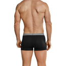 Achteraanzicht van Schiesser herenboxer Low Rise in wit met korte pijpen en grijze logotailleband. - Jambelles
