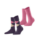 Burlington E.day Mix damessokken 2-pack in marineblauw, met effen sok en rood-lichtblauw ruitdessin en logoknoopjes - Jambelles