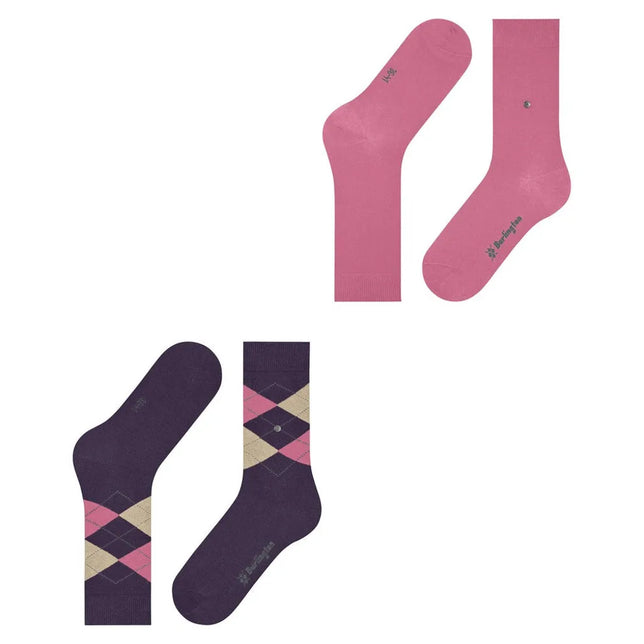 Burlington E.day Mix damessokken, 2-pack met effen roze paar en donkerpaars paar met roze-beige ruiten. - Jambelles