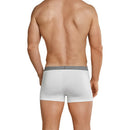 Achteraanzicht van Schiesser herenboxer Low Rise in wit met korte pijpen en grijze logotailleband. - Jambelles