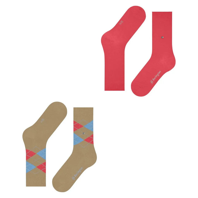 Burlington dames sokken E.day Mix 2-pack in rood en beige, met een effen paar en blauw-rood argylepatroon. - Jambelles