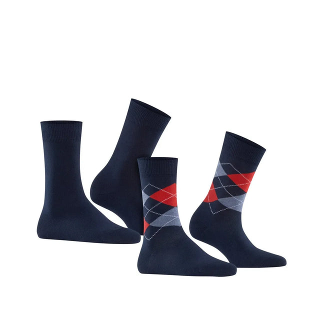 Burlington dames sokken E.day Mix 2-pack in donkerblauw, met effen paar en rood-grijs ruitpatroon. - Jambelles