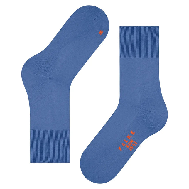 Blauwe Falke Run Sock 16605 sportsokken voor dames en heren met geribde boord en oranje merkopdruk. - Jambelles