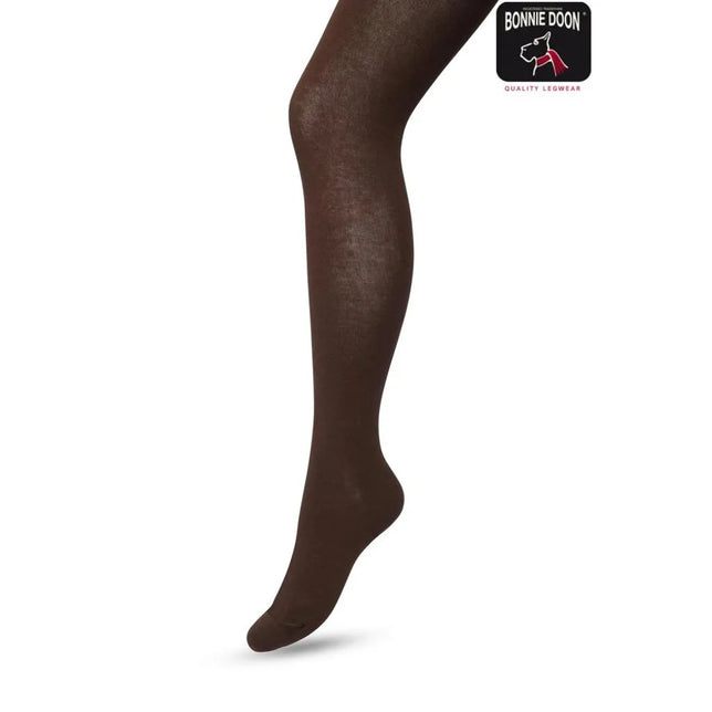 Bonnie Doon dames Bio Cotton Tights BP051900 in donkerbruin, effen en ondoorzichtig aan een been. - Jambelles