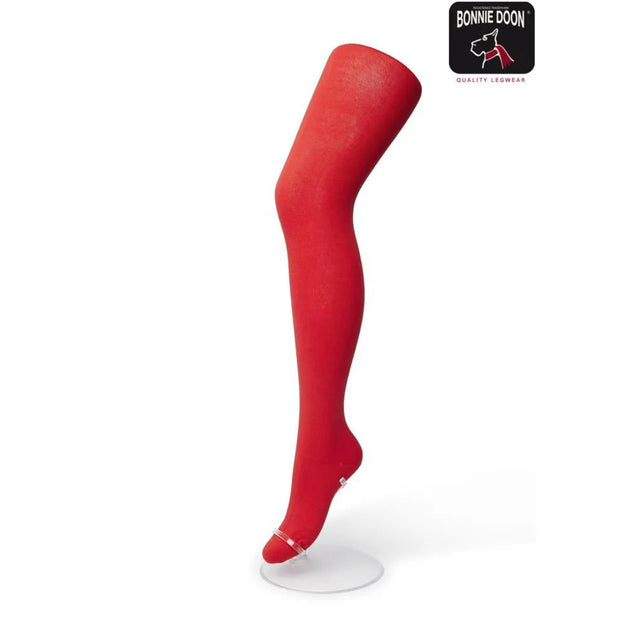 Bonnie Doon Bio Cotton damesmaillot in effen rood, getoond op een transparant beenmodel. - Jambelles