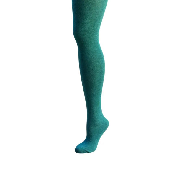 Bonnie Doon Bio Cotton Tights BP051900 damesmaillot in effen petrolgroen, gedragen aan één been. - Jambelles