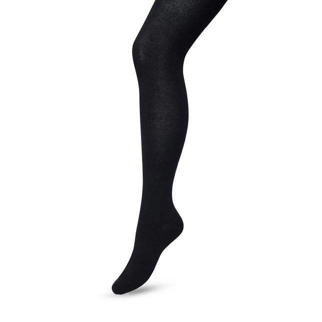 Zwarte Bonnie Doon damesmaillot Bio Cotton Tights BP051900, effen en ondoorzichtig, getoond aan één been. - Jambelles