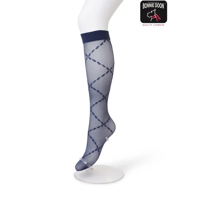 Bonnie Doon dames pantykniekous in donkerblauw, transparant met gestippeld ruitpatroon en brede boord. - Jambelles