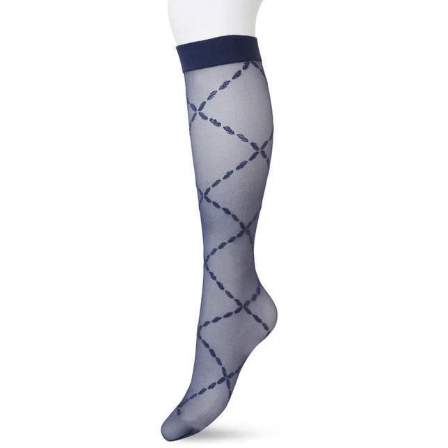 Bonnie Doon dames pantykniekous in donkerblauw, transparant met lozenge-ruitpatroon en brede boord. - Jambelles