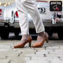 Bonnie Doon dames pantykniekous in beige met bruin lozengepatroon en brede bruine boord. - Jambelles