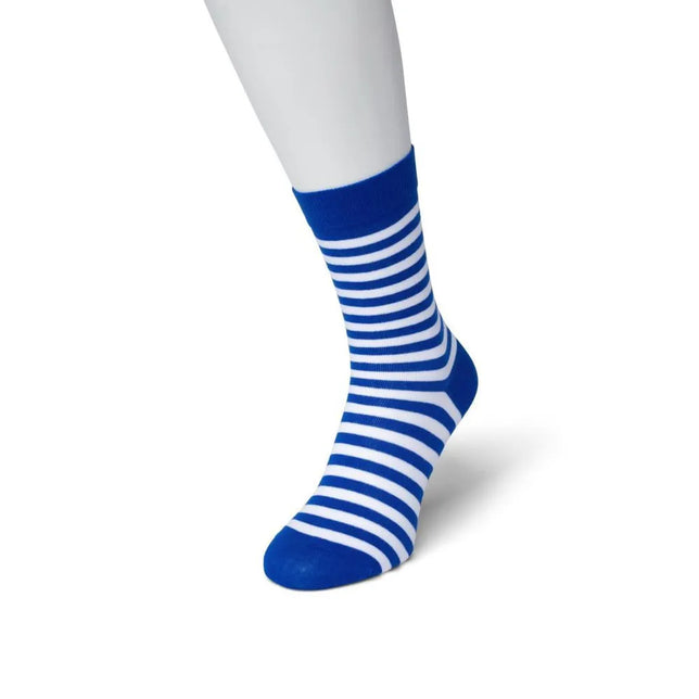 Bonnie Doon dames Basic Stripe sok in blauw met witte strepen en effen boord, hiel en teen. - Jambelles