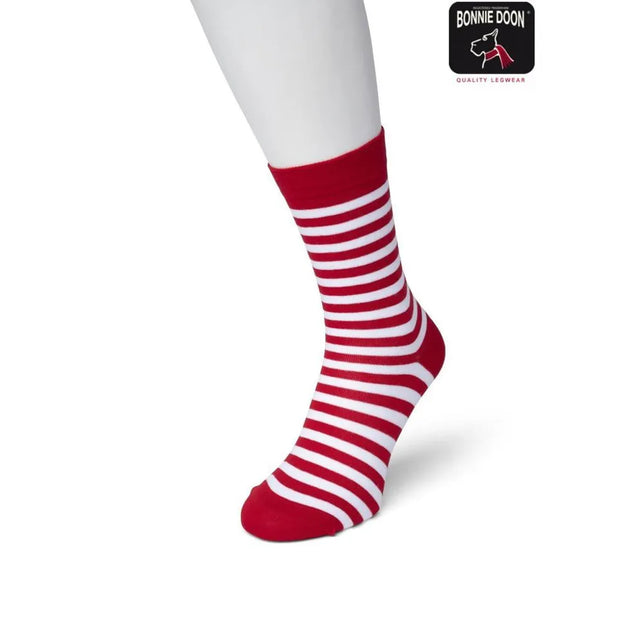Bonnie Doon Basic Stripe Sock BD041101, rode damessok met witte strepen en effen rode boord, hiel en teen. - Jambelles
