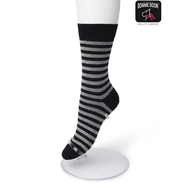 Bonnie Doon Basic Stripe damessok in zwart en grijs, met horizontale strepen en zwarte boord, hiel en teen. - Jambelles