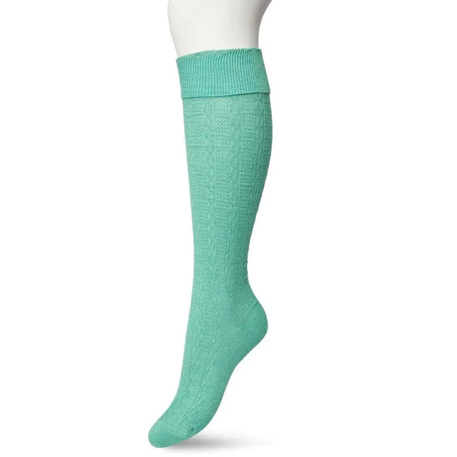 Bonnie Doon dameskniekous Classic Cable Knee High in mintgroen met kabelpatroon en brede geribde boord. - Jambelles