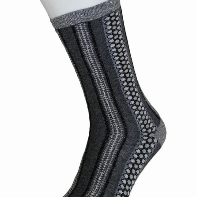 Bonnie Doon dames sok Glitter And Stripes BP261102 in grijs en zwart met verticale banen, stippen en glitterboord. - Jambelles