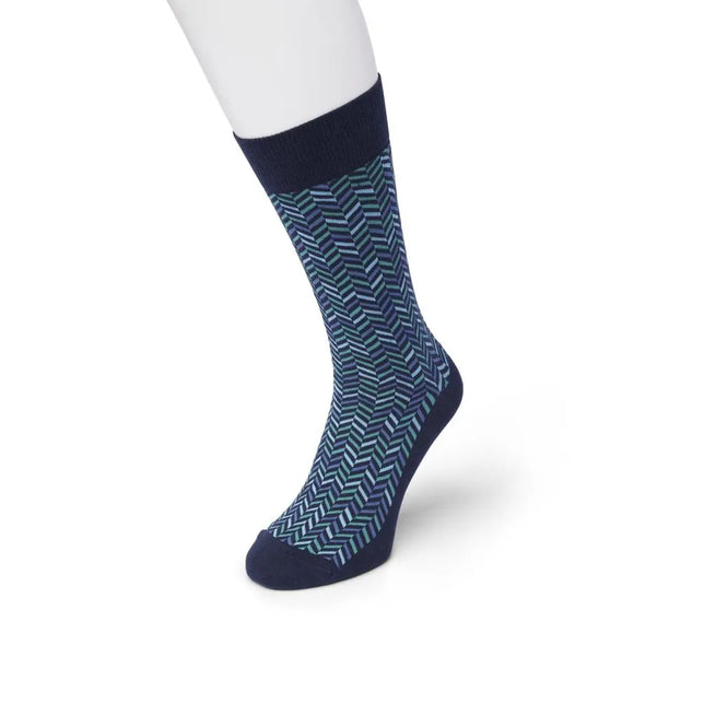 Bonnie Doon dames sok Zigzag Sock in donkerblauw met turquoise en lichtblauw zigzagpatroon en effen boord, hiel en teen. - Jambelles