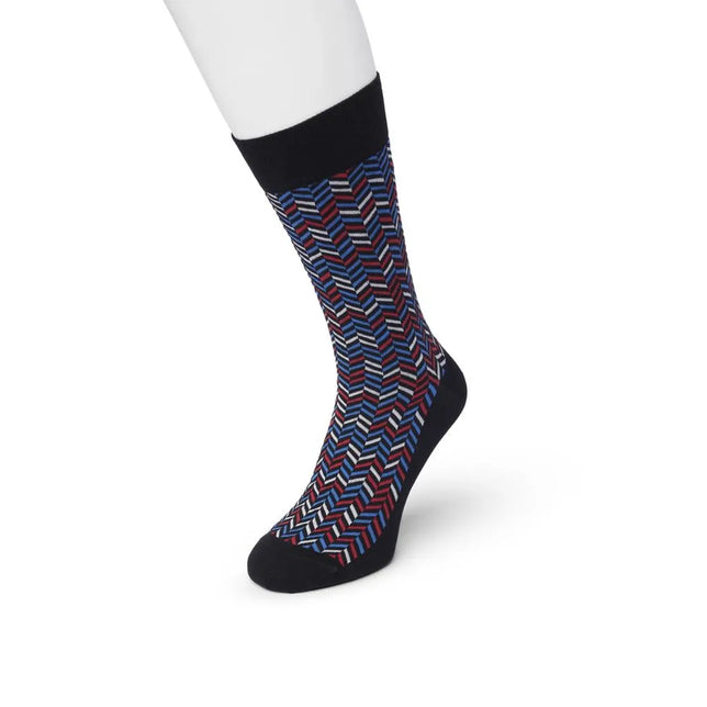 Bonnie Doon dames sok Zigzag Sock BP212109 in donkerblauw met rood-blauw-wit zigzagpatroon en effen boord, hiel en teen. - Jambelles