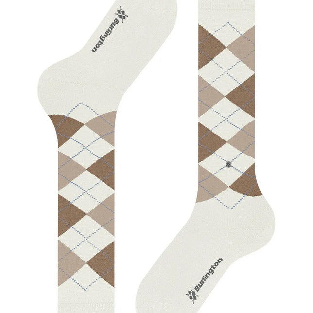 Burlington Marylebone dameskniekousen in crème met bruin-beige ruitdessin en lichtblauwe stippellijnen. - Jambelles