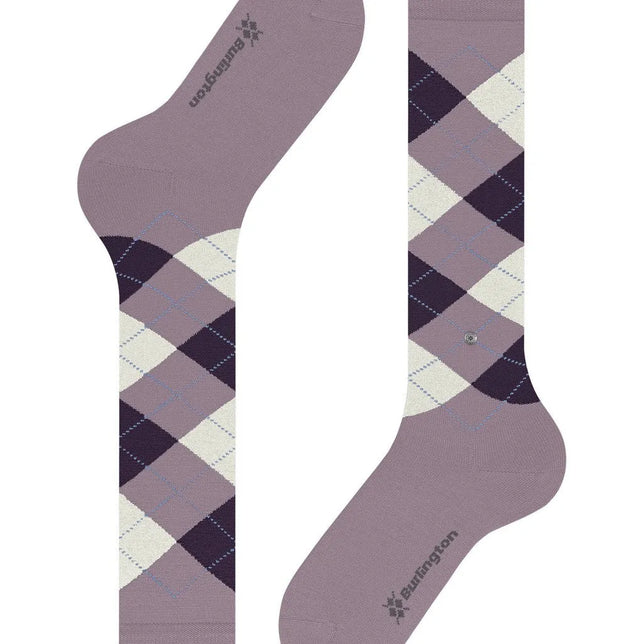 Paar Burlington Marylebone 22373 dameskniekousen in mauve met crème, donkerpaarse ruiten en lichtblauwe lijnen. - Jambelles