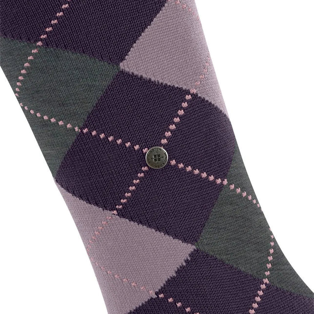 Burlington dameskniekous Marylebone 22373 in paars en grijs, met lila ruiten, roze stiksels en metalen logo. - Jambelles