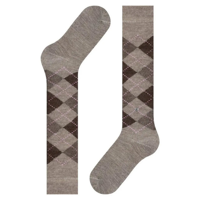 Paar Burlington dameskniekousen Whitby KH 22319 in grijs met bruin-roze argyle-ruitpatroon. - Jambelles