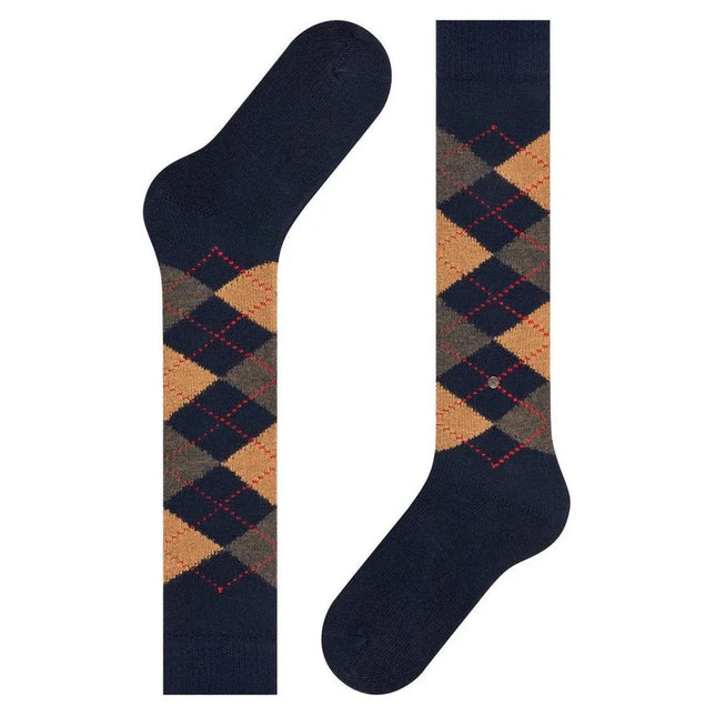 Burlington dameskniekousen Whitby KH 22319 in donkerblauw met beige-grijs ruitpatroon en rode stippellijnen. - Jambelles