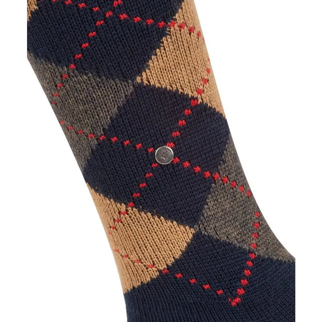 Burlington dameskniekous Whitby KH 22319 in marineblauw met beige-grijze ruiten, rode stiksels en metalen logo. - Jambelles