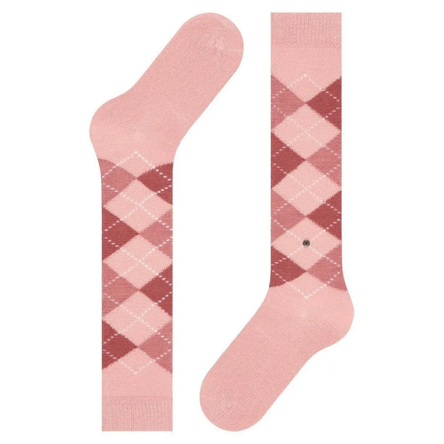 Burlington dameskniekousen Whitby KH 22319 in roze met donkerroze ruiten, witte stippellijnen en een klein logo. - Jambelles