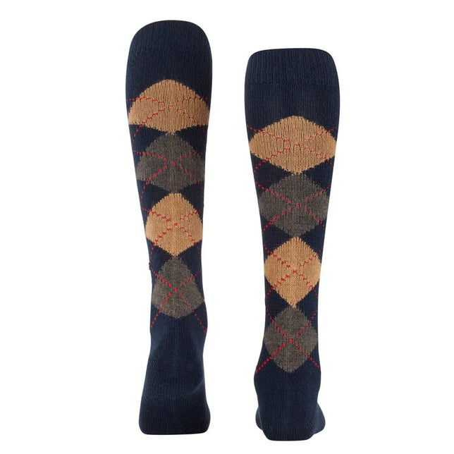 Burlington dameskniekousen Whitby KH 22319 in donkerblauw met beige-grijs ruitpatroon en rode stiklijnen - Jambelles