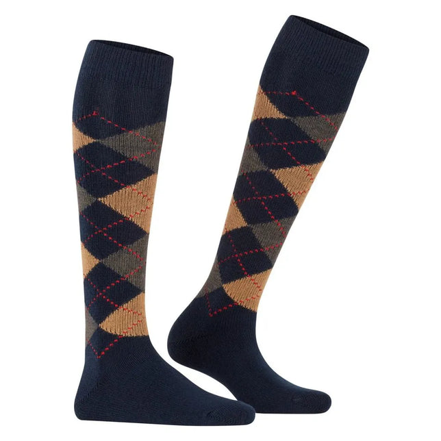 Burlington dameskniekousen Whitby KH 22319 in donkerblauw met beige-grijs ruitpatroon en rode stikdetails. - Jambelles
