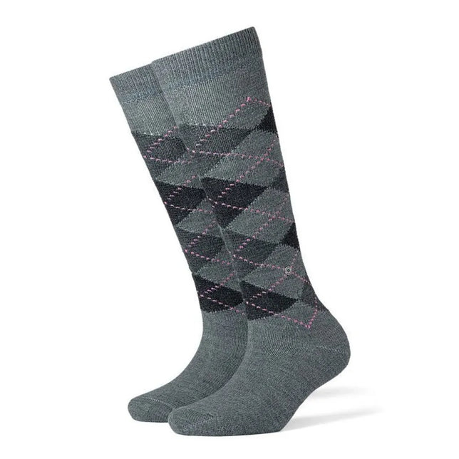 Burlington dameskniekousen Whitby KH 22319 in grijs met zwart ruitpatroon en roze stippellijnen. - Jambelles