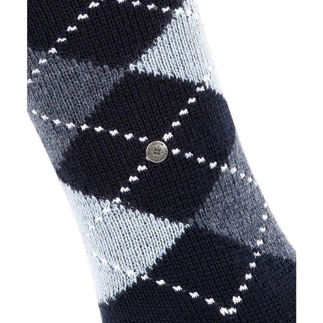Burlington dameskniekous Whitby KH 22319 in donkerblauw met grijs ruitpatroon, witte stiksels en metalen logo. - Jambelles