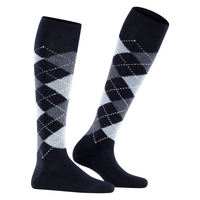 Burlington dameskniekousen Whitby KH 22319 in donkerblauw met grijs-wit argyle ruitpatroon. - Jambelles