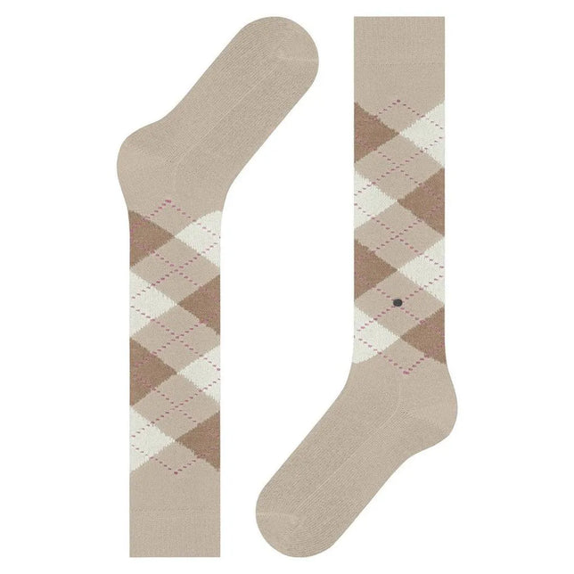 Burlington dameskniekousen Whitby KH 22319 in beige met bruin-wit ruitpatroon en roze stippellijnen. - Jambelles