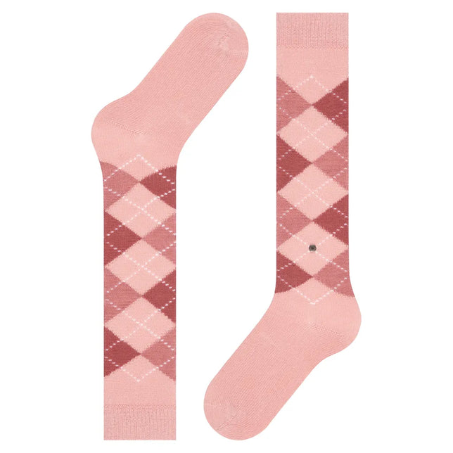 Burlington dameskniekousen Whitby KH 22319 in roze met donkerroze ruitpatroon en witte stippellijnen. - Jambelles