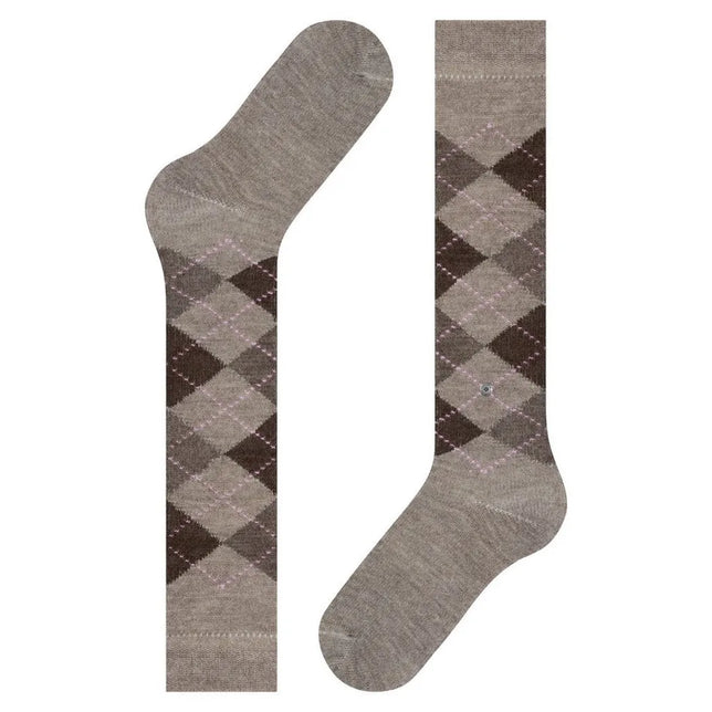 Burlington dameskniekousen Whitby KH 22319 in taupe met bruin-grijs argylepatroon en lichtroze stippeldetails - Jambelles