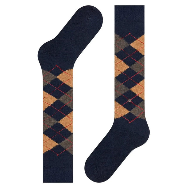 Burlington dameskniekousen Whitby KH 22319 in donkerblauw met beige-grijs ruitpatroon en rode stippellijnen - Jambelles