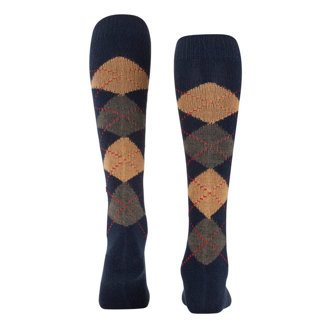 Burlington dameskniekousen Whitby KH 22319 in donkerblauw met beige-grijs ruitpatroon en rode stikseldetails. - Jambelles