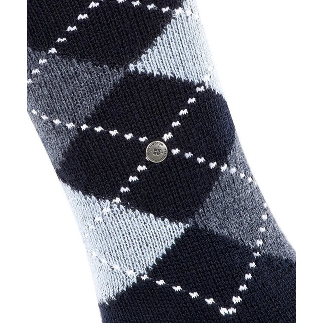 Burlington dameskniekous Whitby KH 22319 in donkerblauw en grijs, met lichtblauw ruitdessin en metalen logo. - Jambelles
