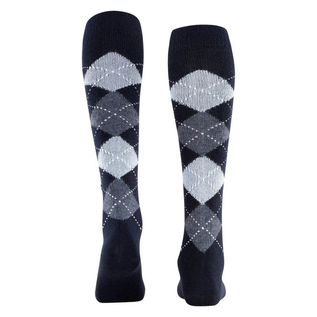 Burlington dameskniekousen Whitby in donkerblauw met lichtblauw-grijs ruitpatroon en witte stippellijnen. - Jambelles