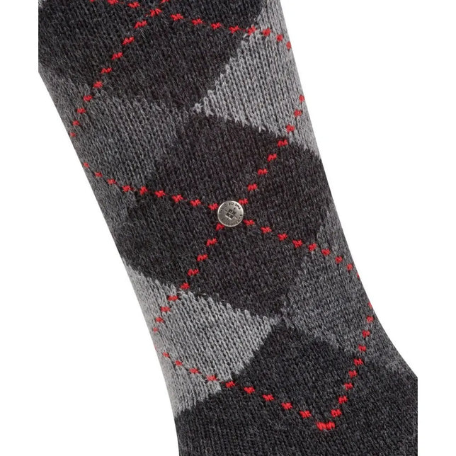Burlington dameskniekous Whitby KH 22319 in donkergrijs met lichtgrijze ruiten, rode stiksels en metalen logo. - Jambelles