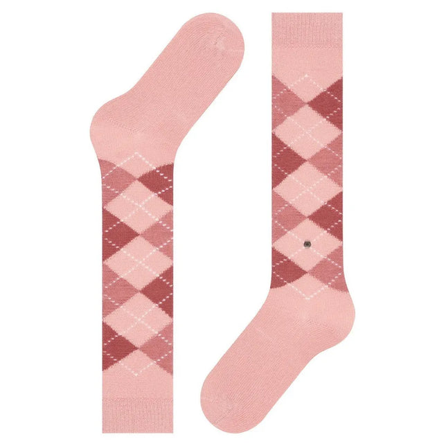 Burlington dameskniekousen Whitby KH 22319 in roze met bordeauxrood ruitpatroon en witte stippellijnen - Jambelles