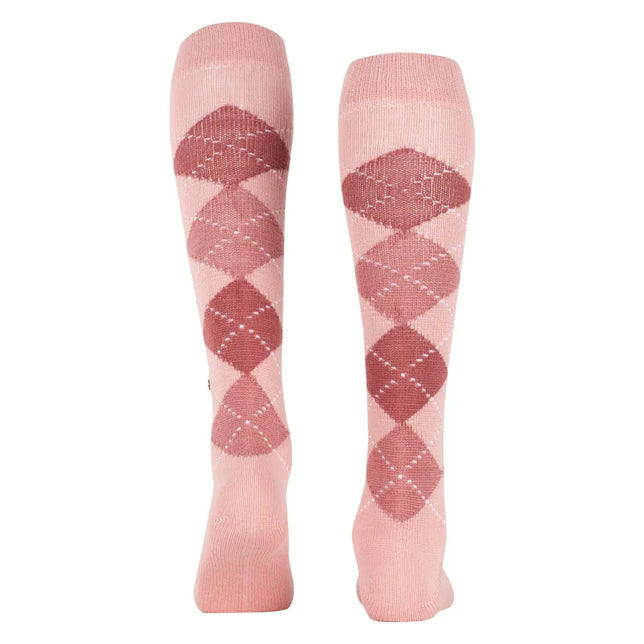 Burlington dameskniekousen Whitby KH 22319 in roze met donkerroze ruitpatroon en witte stippellijnen. - Jambelles