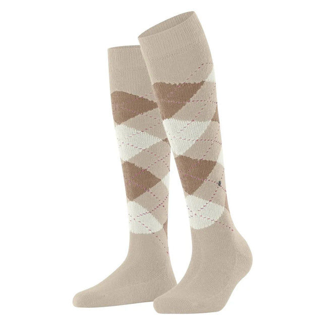 Burlington dameskniekousen Whitby KH 22319 in beige met bruin-wit ruitpatroon en roze stippellijnen - Jambelles