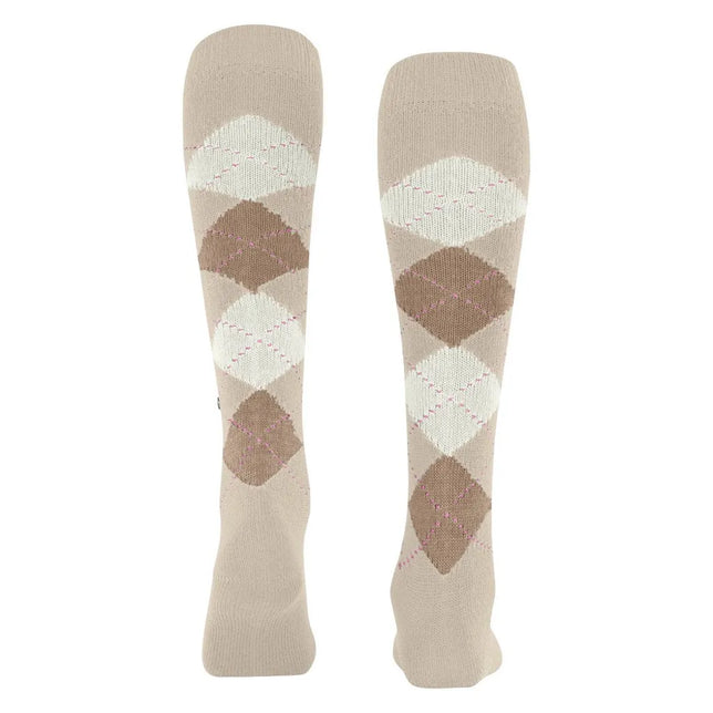Paar Burlington dameskniekousen Whitby KH 22319 in beige met witte en bruine ruiten en roze stippellijnen - Jambelles
