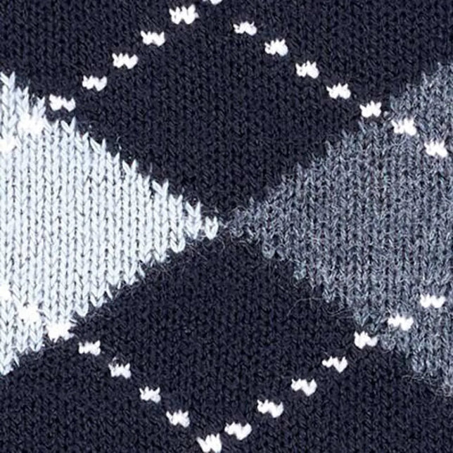 Burlington dameskniekousen Whitby KH 22319 in donkerblauw met grijs-wit ruitpatroon en witte stikdetails. - Jambelles