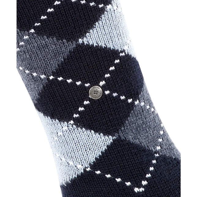 Burlington dameskniekous Whitby KH 22319 in donkerblauw en grijs met lichtblauw ruitpatroon en metalen logo - Jambelles